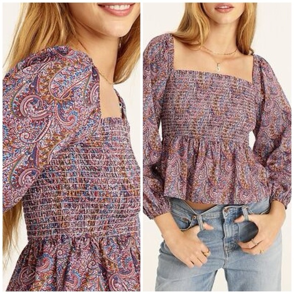 J.Crew Liberty London Puff-sleeve Smocked Top in Tropical Prince Paisley Print - Picture 1 of 6